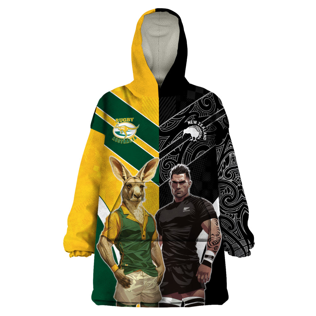 Custom New Zealand and Australia Rugby Wearable Blanket Hoodie Kangroo and Maori Warrior Together
