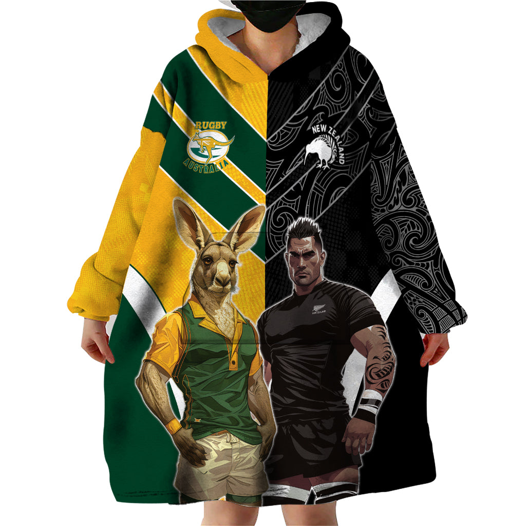 Custom New Zealand and Australia Rugby Wearable Blanket Hoodie Kangroo and Maori Warrior Together