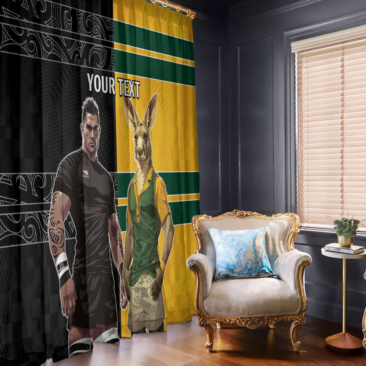Custom New Zealand and Australia Rugby Window Curtain Kangroo and Maori Warrior Together