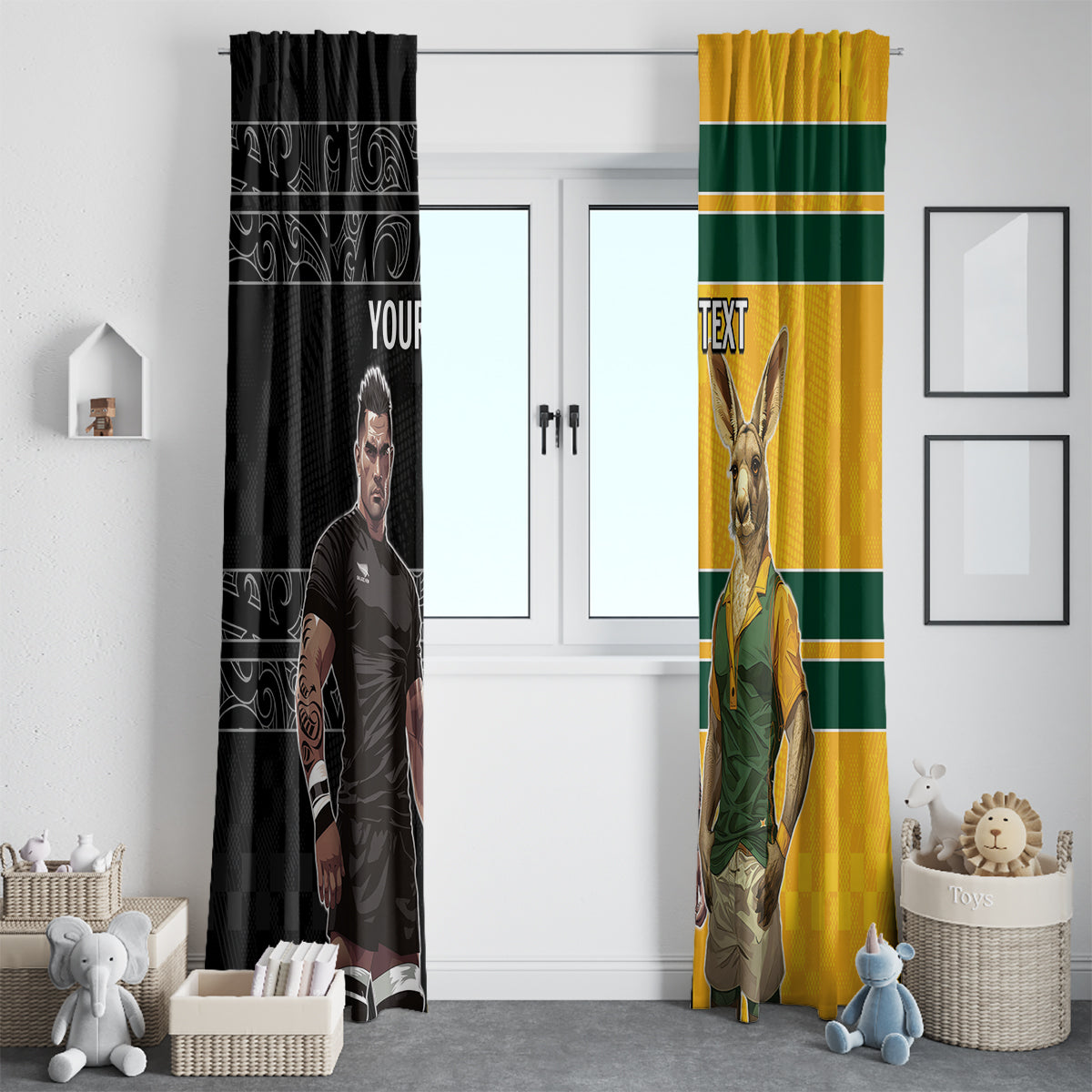 Custom New Zealand and Australia Rugby Window Curtain Kangroo and Maori Warrior Together