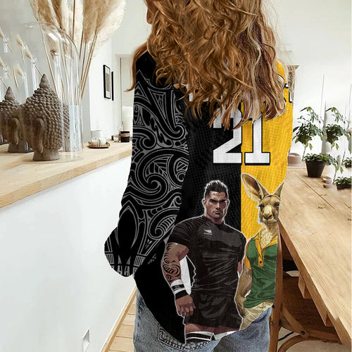 Custom New Zealand and Australia Rugby Women Casual Shirt Kangroo and Maori Warrior Together