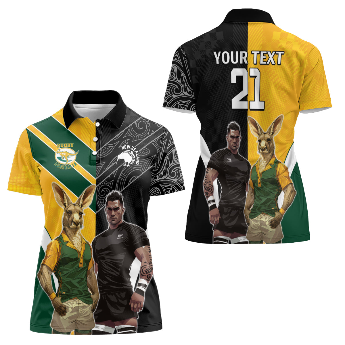 Custom New Zealand and Australia Rugby Women Polo Shirt Kangroo and Maori Warrior Together