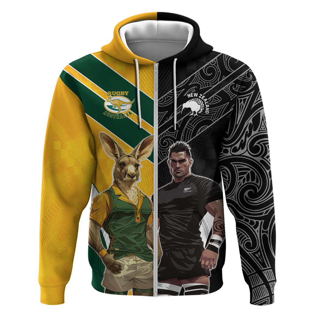 Custom New Zealand and Australia Rugby Zip Hoodie Kangroo and Maori Warrior Together