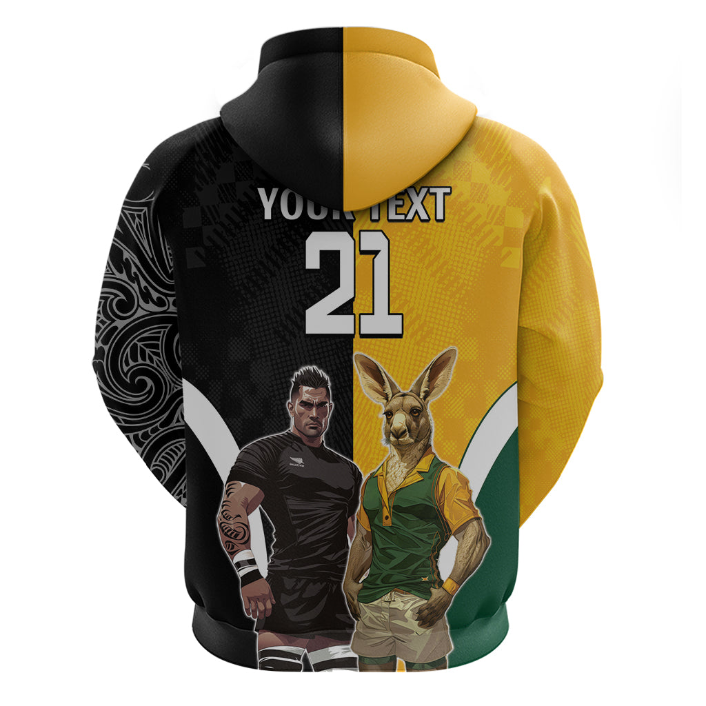 Custom New Zealand and Australia Rugby Zip Hoodie Kangroo and Maori Warrior Together