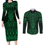Kakariki Maori Ta Moko Poutama Art Couples Matching Long Sleeve Bodycon Dress and Long Sleeve Button Shirt