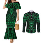 Kakariki Maori Ta Moko Poutama Art Couples Matching Mermaid Dress and Long Sleeve Button Shirt