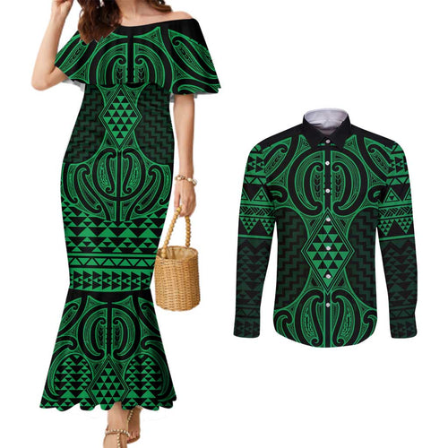 Kakariki Maori Ta Moko Poutama Art Couples Matching Mermaid Dress and Long Sleeve Button Shirt