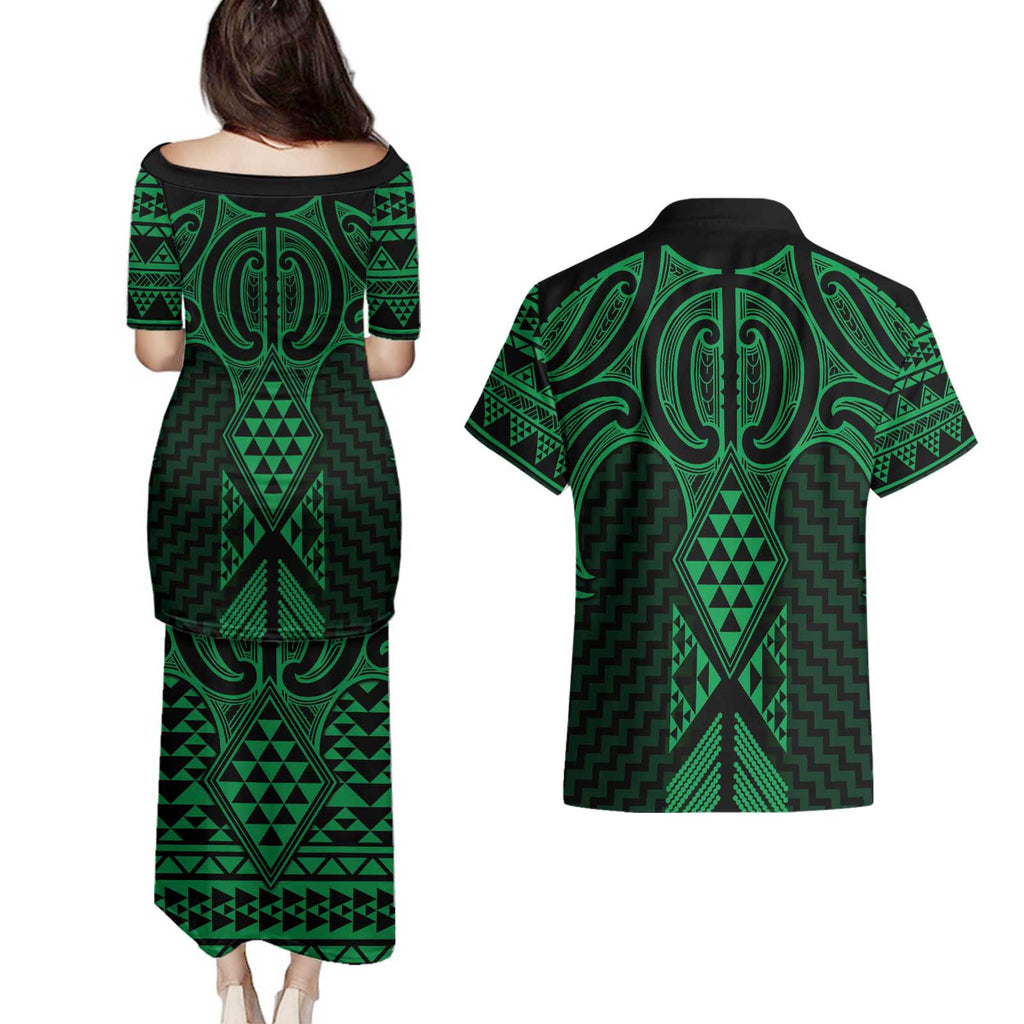 Kakariki Maori Ta Moko Poutama Art Couples Matching Puletasi and Hawaiian Shirt