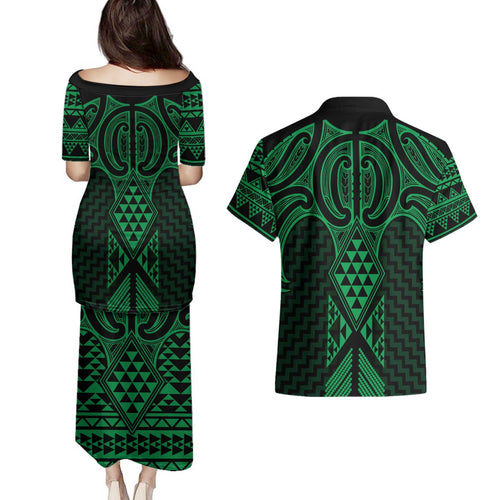 Kakariki Maori Ta Moko Poutama Art Couples Matching Puletasi and Hawaiian Shirt