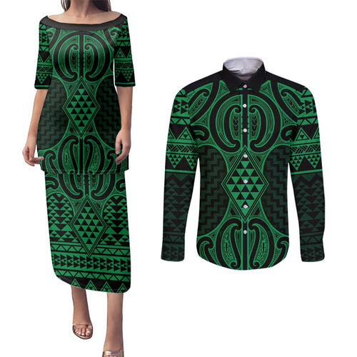 Kakariki Maori Ta Moko Poutama Art Couples Matching Puletasi and Long Sleeve Button Shirt