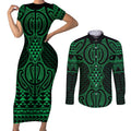 Kakariki Maori Ta Moko Poutama Art Couples Matching Short Sleeve Bodycon Dress and Long Sleeve Button Shirt