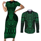 Kakariki Maori Ta Moko Poutama Art Couples Matching Short Sleeve Bodycon Dress and Long Sleeve Button Shirt