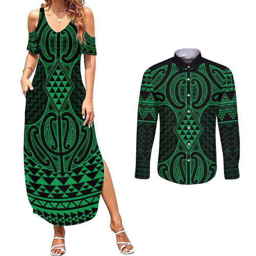 Kakariki Maori Ta Moko Poutama Art Couples Matching Summer Maxi Dress and Long Sleeve Button Shirt