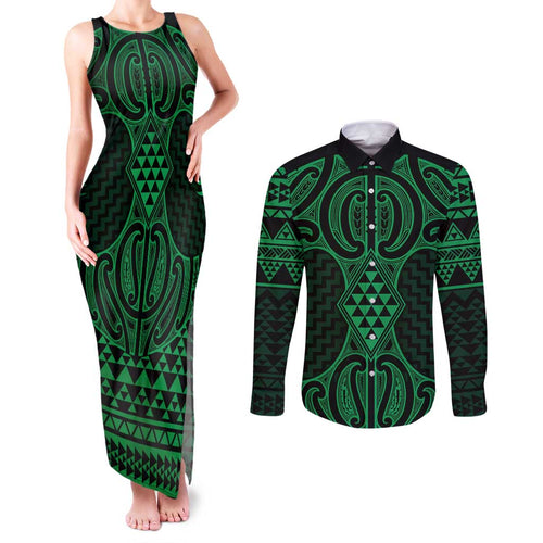 Kakariki Maori Ta Moko Poutama Art Couples Matching Tank Maxi Dress and Long Sleeve Button Shirt