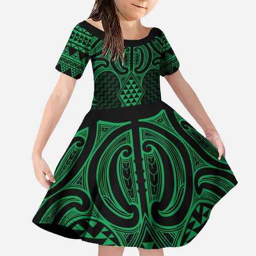 Kakariki Maori Ta Moko Poutama Art Family Matching Off The Shoulder Long Sleeve Dress and Hawaiian Shirt