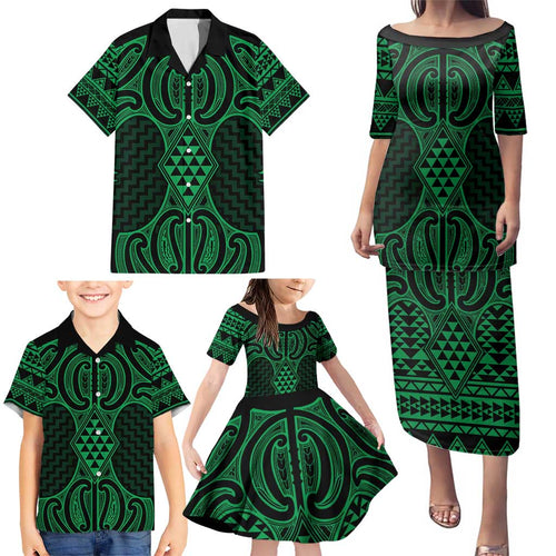 Kakariki Maori Ta Moko Poutama Art Family Matching Puletasi and Hawaiian Shirt