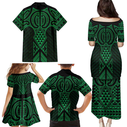 Kakariki Maori Ta Moko Poutama Art Family Matching Puletasi and Hawaiian Shirt