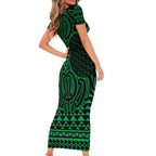 Kakariki Maori Ta Moko Poutama Art Family Matching Short Sleeve Bodycon Dress and Hawaiian Shirt