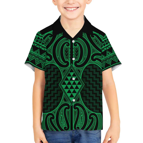 Kakariki Maori Ta Moko Poutama Art Family Matching Short Sleeve Bodycon Dress and Hawaiian Shirt