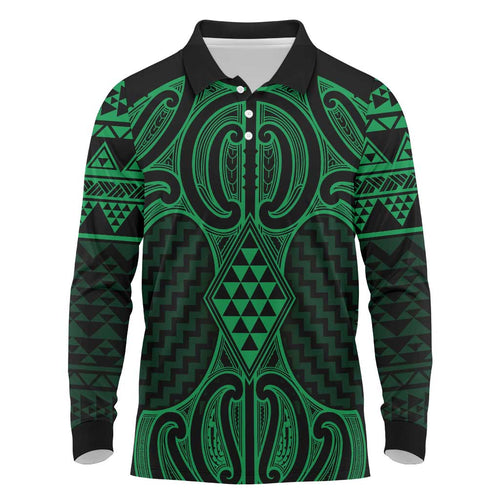 Kakariki Maori Ta Moko Poutama Art Long Sleeve Polo Shirt
