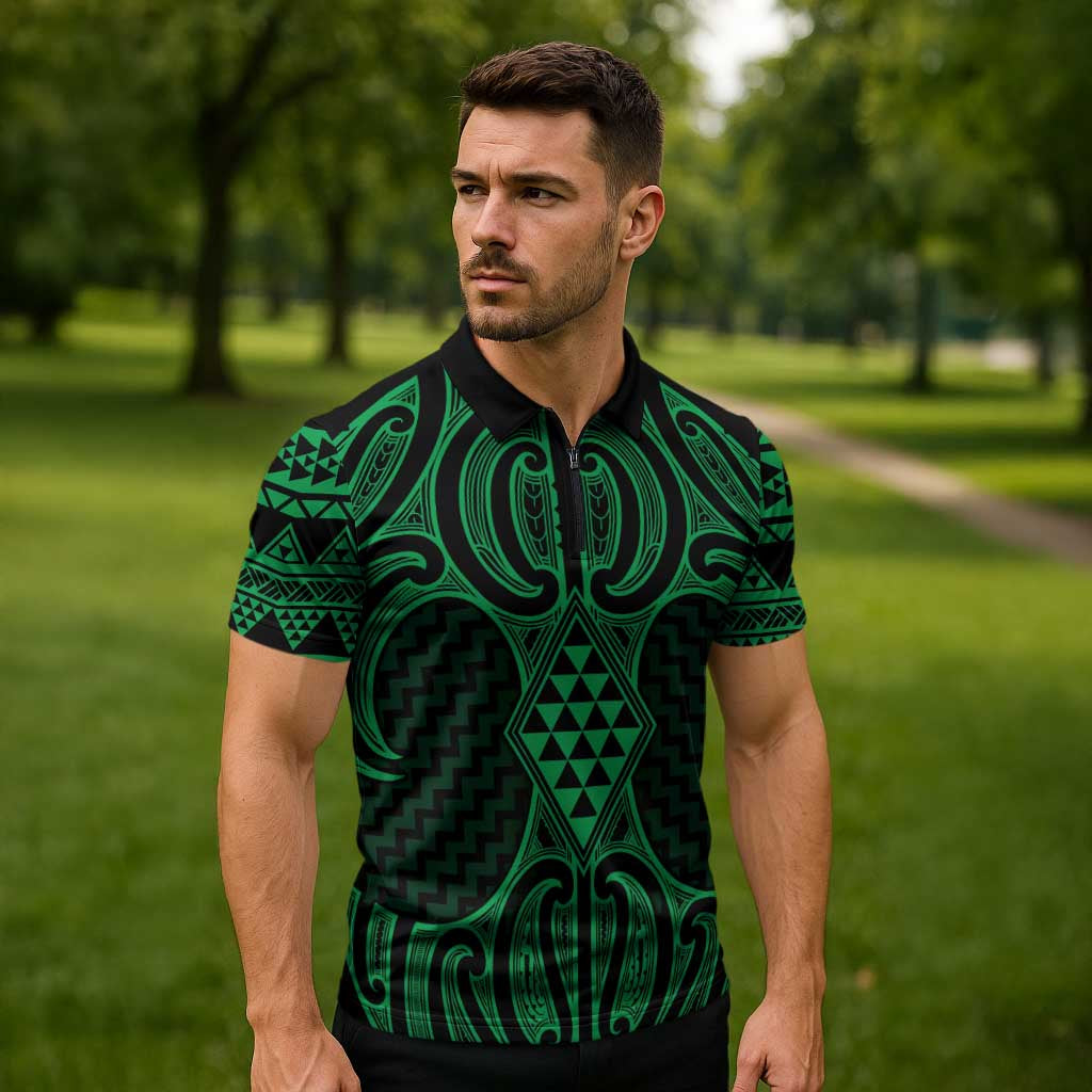 Kakariki Maori Ta Moko Poutama Art Zipper Polo Shirt - Aussie Hoodie