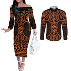 Karaka Maori Ta Moko Poutama Art Couples Matching Off The Shoulder Long Sleeve Dress and Long Sleeve Button Shirt
