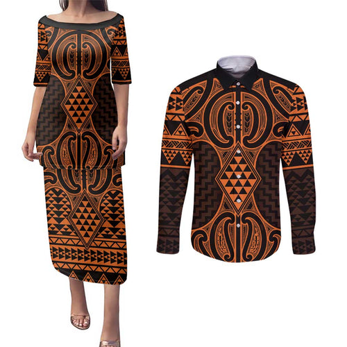 Karaka Maori Ta Moko Poutama Art Couples Matching Puletasi and Long Sleeve Button Shirt
