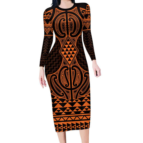 Karaka Maori Ta Moko Poutama Art Family Matching Long Sleeve Bodycon Dress and Hawaiian Shirt