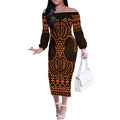 Karaka Maori Ta Moko Poutama Art Off The Shoulder Long Sleeve Dress