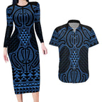 Kikorangi Maori Ta Moko Poutama Art Couples Matching Long Sleeve Bodycon Dress and Hawaiian Shirt