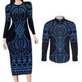 Kikorangi Maori Ta Moko Poutama Art Couples Matching Long Sleeve Bodycon Dress and Long Sleeve Button Shirt