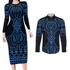 Kikorangi Maori Ta Moko Poutama Art Couples Matching Long Sleeve Bodycon Dress and Long Sleeve Button Shirt