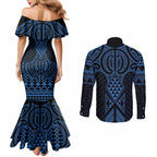 Kikorangi Maori Ta Moko Poutama Art Couples Matching Mermaid Dress and Long Sleeve Button Shirt