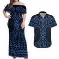 Kikorangi Maori Ta Moko Poutama Art Couples Matching Off Shoulder Maxi Dress and Hawaiian Shirt