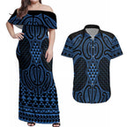 Kikorangi Maori Ta Moko Poutama Art Couples Matching Off Shoulder Maxi Dress and Hawaiian Shirt
