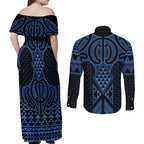 Kikorangi Maori Ta Moko Poutama Art Couples Matching Off Shoulder Maxi Dress and Long Sleeve Button Shirt