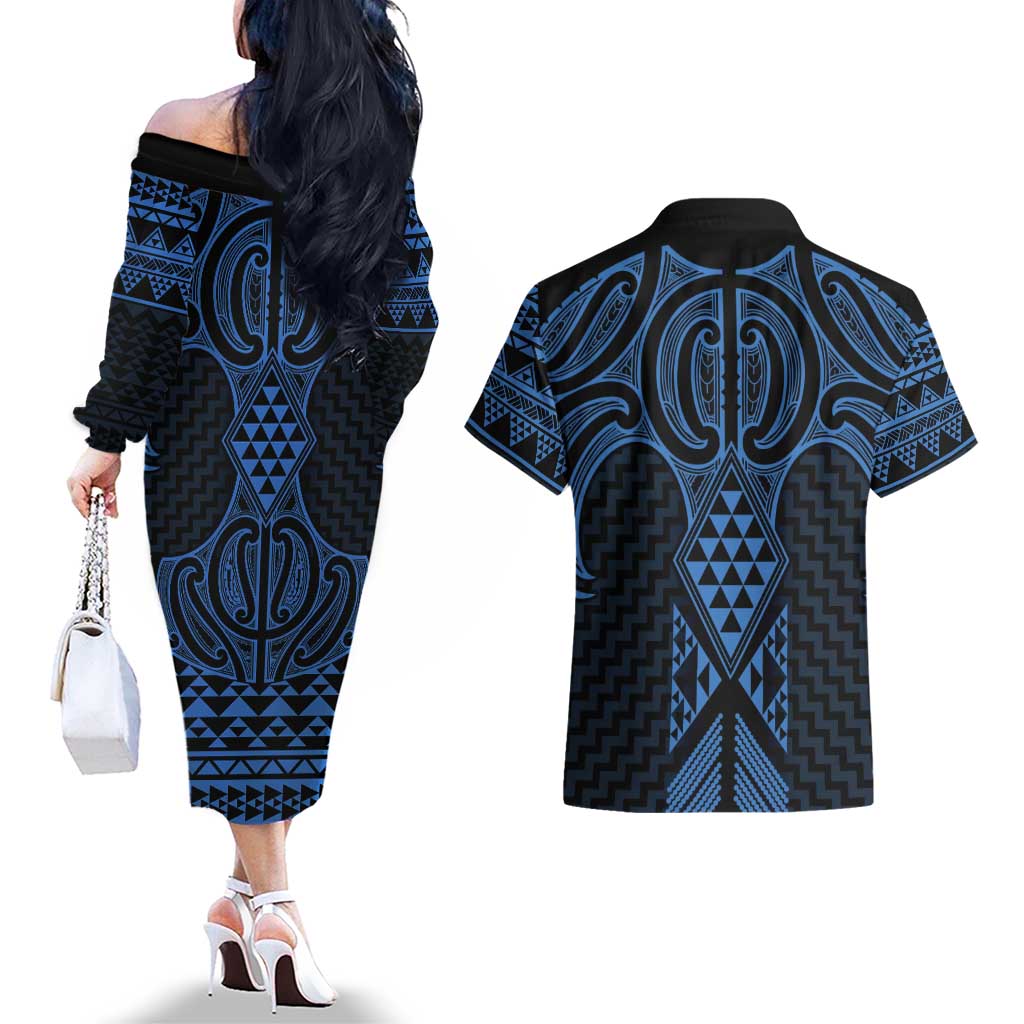 Kikorangi Maori Ta Moko Poutama Art Couples Matching Off The Shoulder Long Sleeve Dress and Hawaiian Shirt