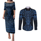 Kikorangi Maori Ta Moko Poutama Art Couples Matching Puletasi and Long Sleeve Button Shirt