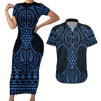 Kikorangi Maori Ta Moko Poutama Art Couples Matching Short Sleeve Bodycon Dress and Hawaiian Shirt