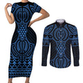 Kikorangi Maori Ta Moko Poutama Art Couples Matching Short Sleeve Bodycon Dress and Long Sleeve Button Shirt