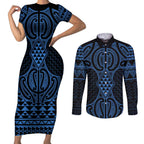 Kikorangi Maori Ta Moko Poutama Art Couples Matching Short Sleeve Bodycon Dress and Long Sleeve Button Shirt