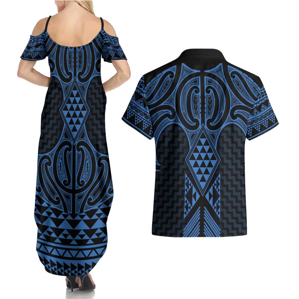 Kikorangi Maori Ta Moko Poutama Art Couples Matching Summer Maxi Dress and Hawaiian Shirt