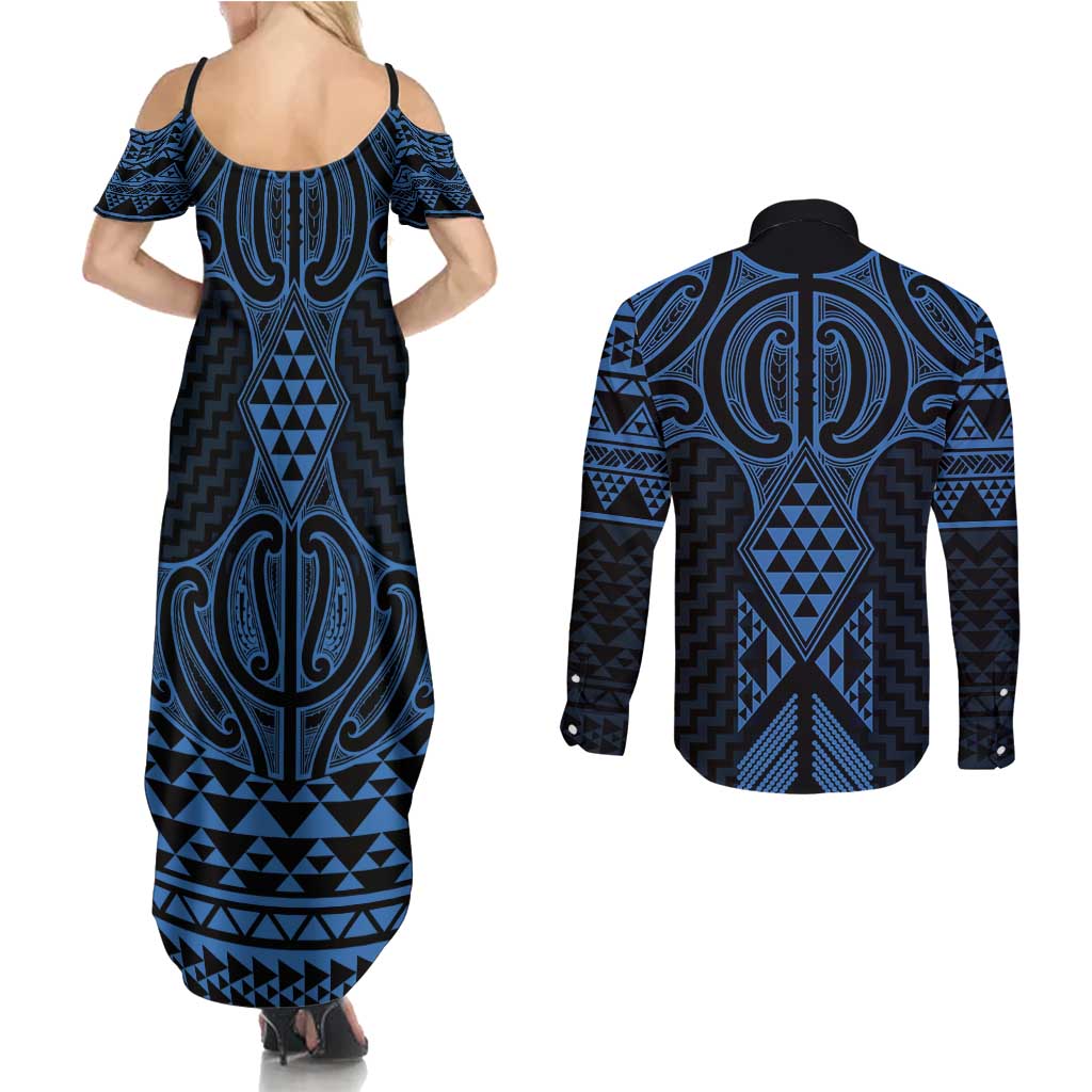 Kikorangi Maori Ta Moko Poutama Art Couples Matching Summer Maxi Dress and Long Sleeve Button Shirt