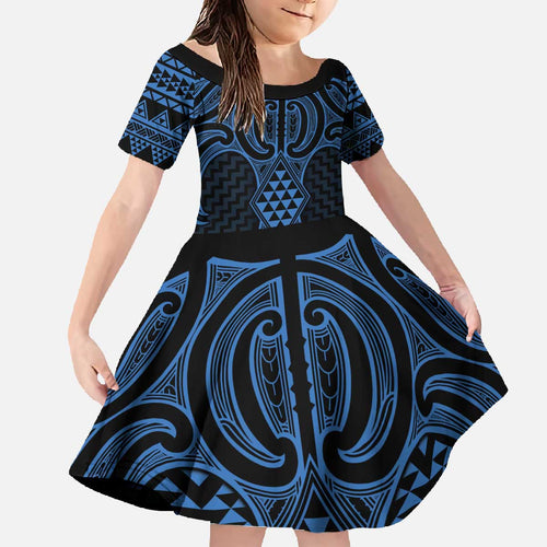 Kikorangi Maori Ta Moko Poutama Art Family Matching Off The Shoulder Long Sleeve Dress and Hawaiian Shirt