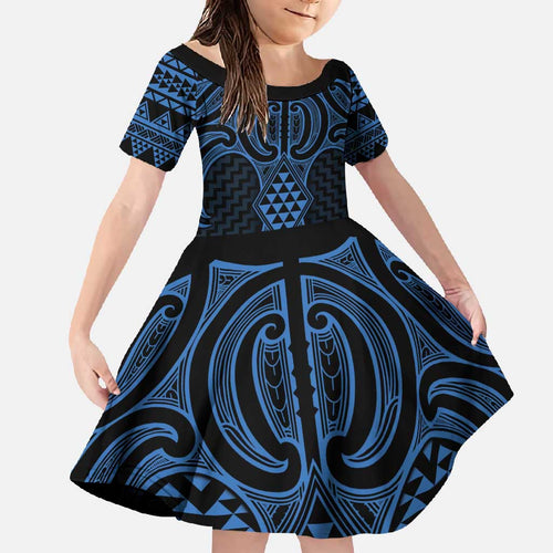 Kikorangi Maori Ta Moko Poutama Art Family Matching Off Shoulder Maxi Dress and Hawaiian Shirt