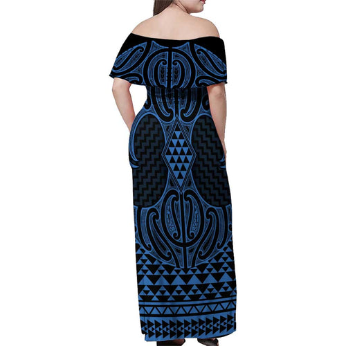 Kikorangi Maori Ta Moko Poutama Art Family Matching Off Shoulder Maxi Dress and Hawaiian Shirt