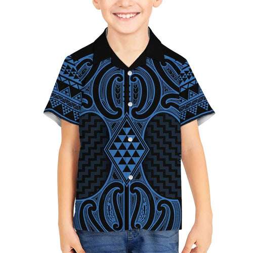 Kikorangi Maori Ta Moko Poutama Art Family Matching Off Shoulder Short Dress and Hawaiian Shirt