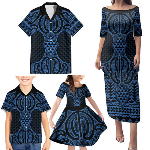 Kikorangi Maori Ta Moko Poutama Art Family Matching Puletasi and Hawaiian Shirt