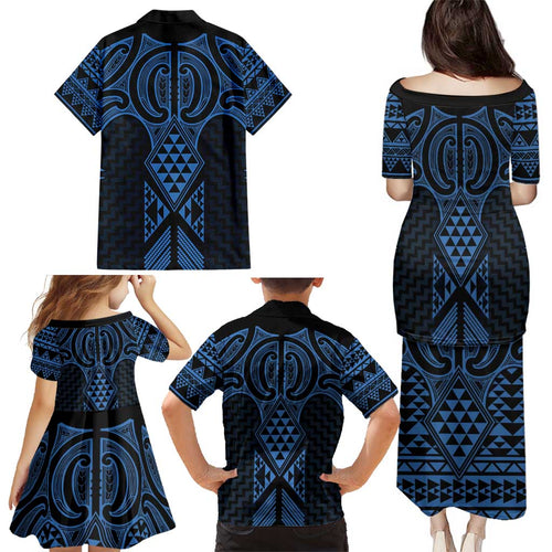 Kikorangi Maori Ta Moko Poutama Art Family Matching Puletasi and Hawaiian Shirt