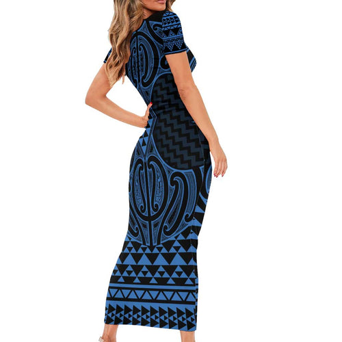 Kikorangi Maori Ta Moko Poutama Art Family Matching Short Sleeve Bodycon Dress and Hawaiian Shirt